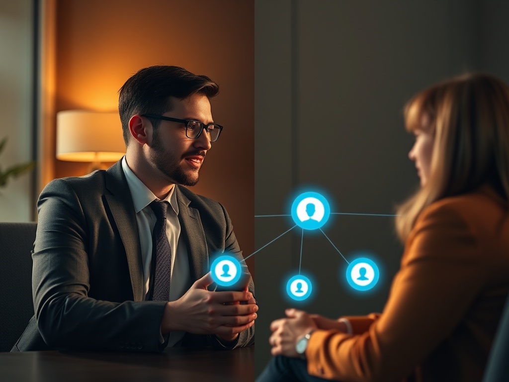 "Split-screen scene of an interim professional and a coach in focused 1-on-1 conversation, warm light, subtle roadmap glow, LinkedIn-like social network nodes, calm determined mood, shallow depth."
