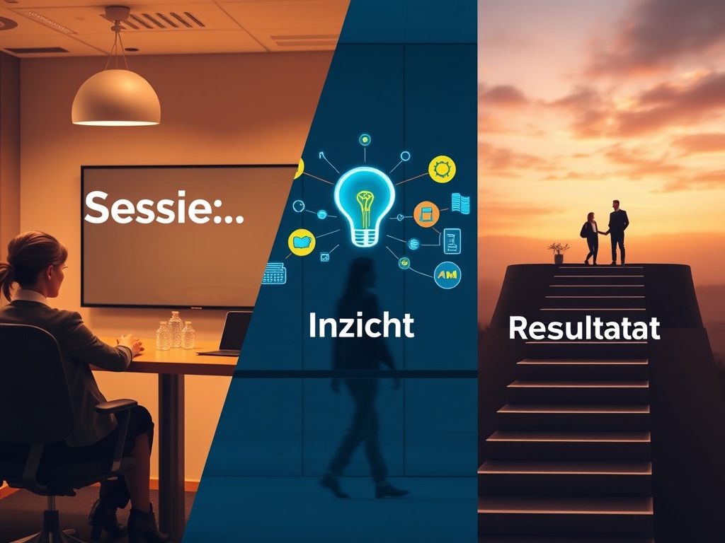Three connected scenes in one split composition; “Sessie” as a focused interview desk, “Inzicht” as mind-map lightbulb visuals, “Resultaat” as a rising path toward matching opportunities, modern professional style, warm tones, Dutch business a