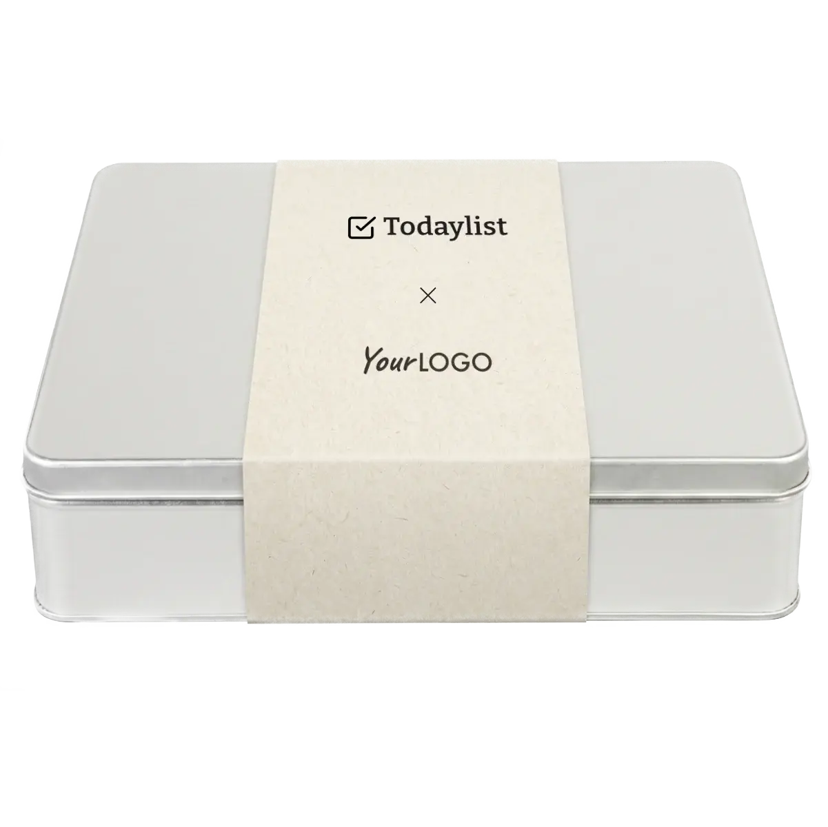 Een luxe, zilverkleurig bewaarblik voor de Todaylist Startset Pro. Voorzien van een stijlvolle beige wikkel met ruimte voor een gepersonaliseerd bedrijfslogo. Het perfecte premium geschenk voor teams.