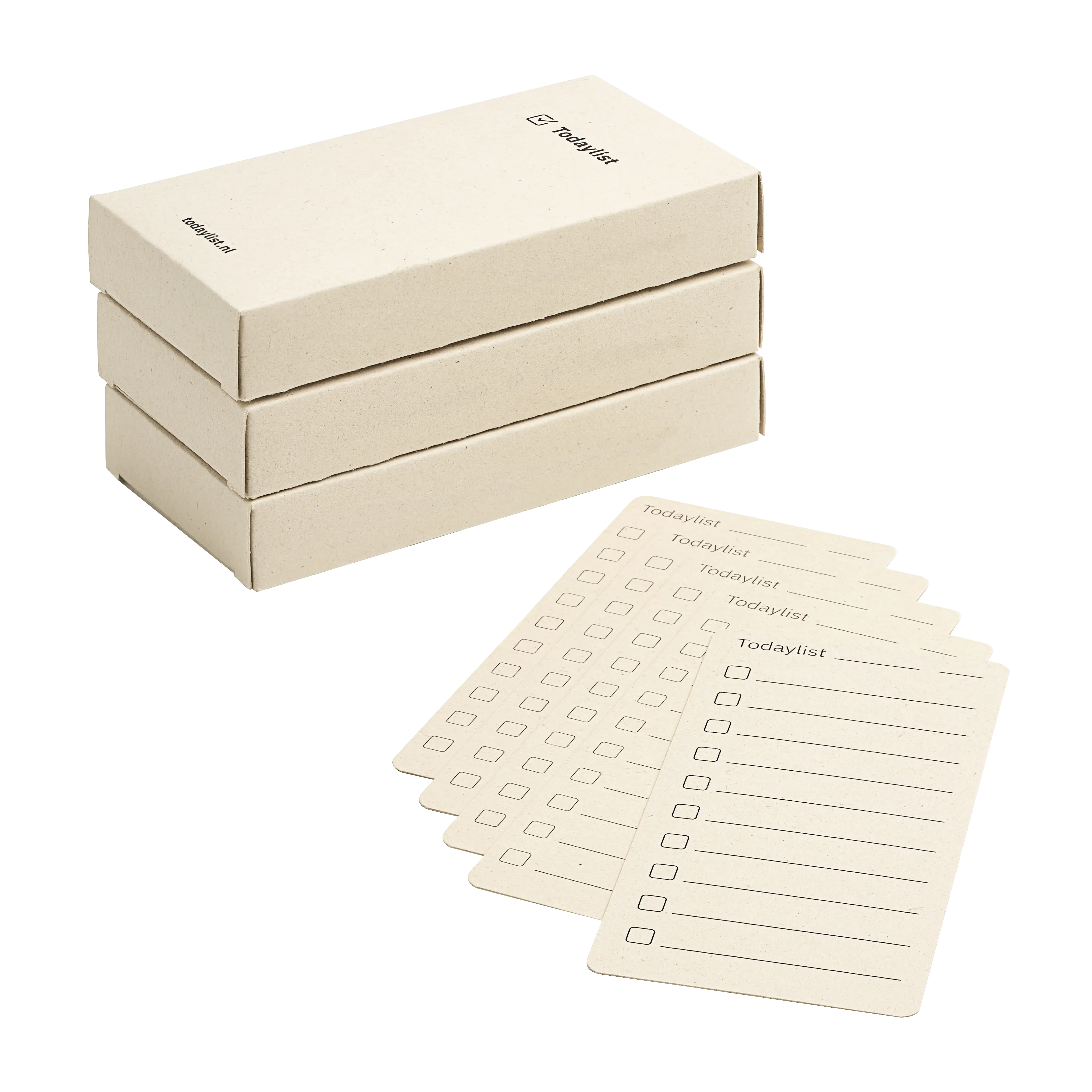 Een stapel van drie minimalistische Todaylist doosjes, klaar om verzonden te worden. De start van meer analoge rust en overzicht op de werkplek.