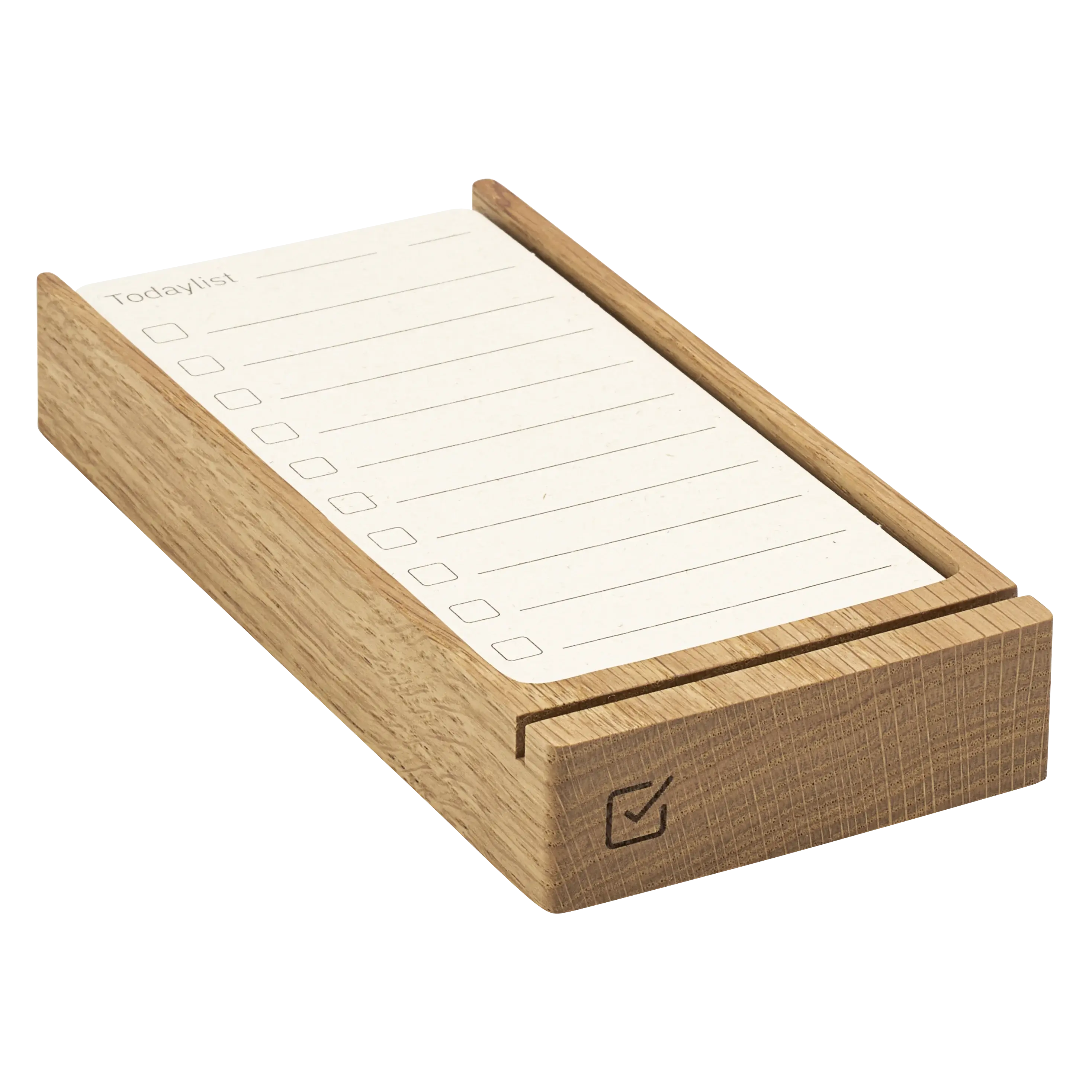 Schuin aanzicht van de Todaylist eikenhouten dagplanner. De compacte houder is gevuld met een verse stapel blanco taakkaarten met afvinkvakjes. Dé fysieke tool voor een opgeruimd bureau en leeg hoofd.