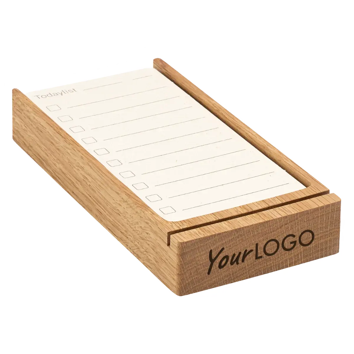 Een eikenhouten Todaylist houder met daarin een stapeltje onbeschreven papieren Todaylist kaartjes met lege afvinkvakjes. Op de voorste opstaande rand van de houten houder is een bedrijfslogo duidelijk zichtbaar gegraveerd.