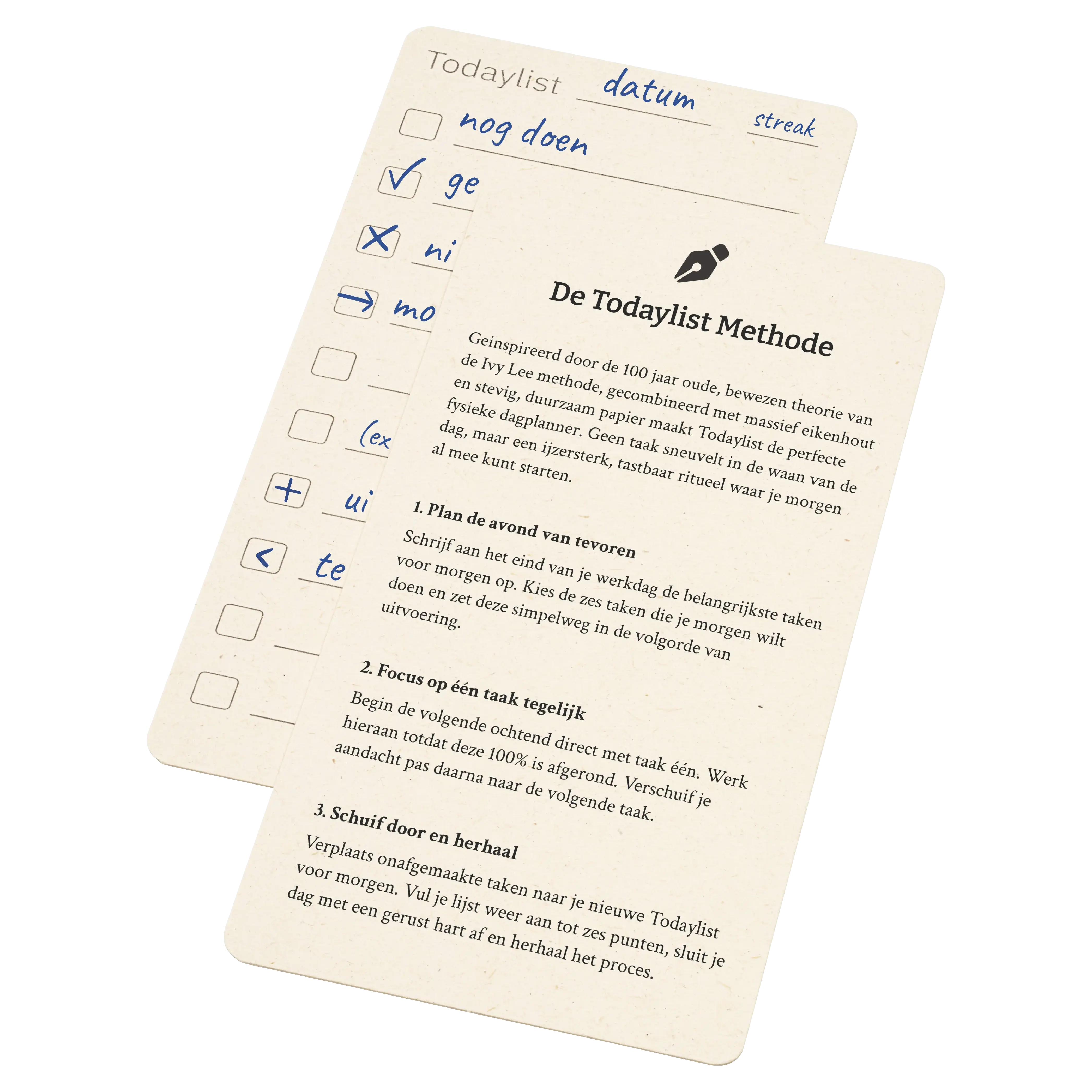 Een detailopname van de Todaylist taakkaart en de bijbehorende instructiekaart. Hierop staat de Todaylist methode uitgelegd, geïnspireerd door de beroemde Ivy Lee theorie, voor maximale focus en offline overzicht.