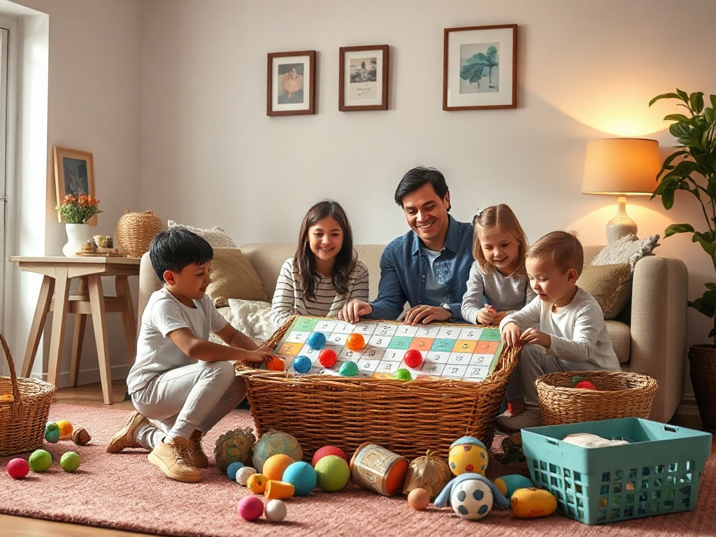 A cozy living room scene, children and a parent playing a treasure-hunt bingo cleanup, baskets and scattered items, joyful expressions, colorful grid board, warm light, no logos.
