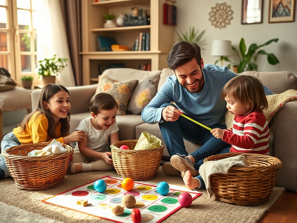 A cozy living room scene, children and a parent playing a treasure-hunt bingo cleanup, baskets and scattered items, joyful expressions, colorful grid board, warm light, no logos.