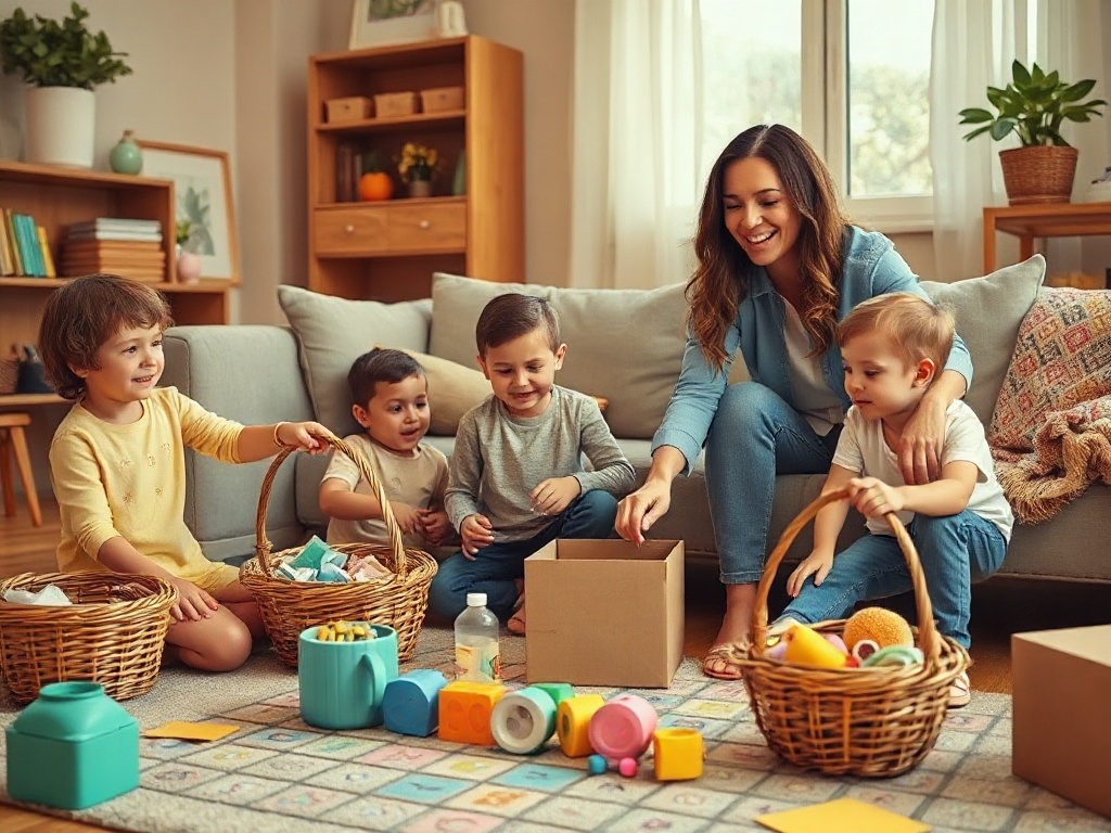 A cozy living room scene, children and a parent playing a treasure-hunt bingo cleanup, baskets and scattered items, joyful expressions, colorful grid board, warm light, no logos.