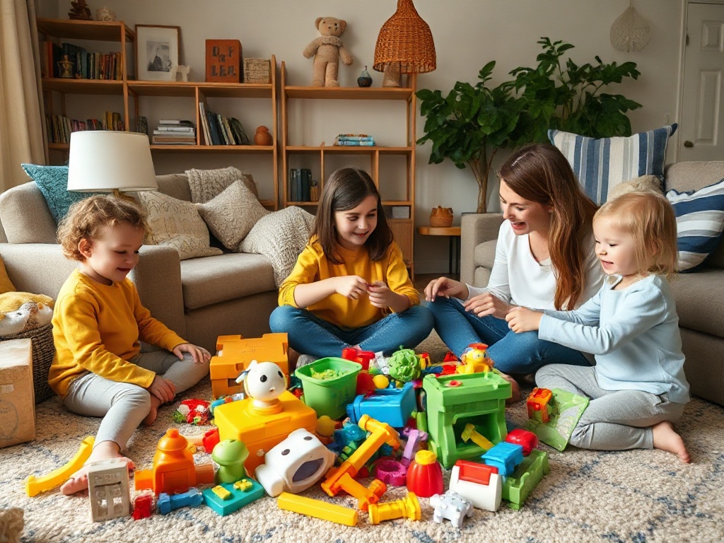 A cozy living room where three children and a parent play a “treasure hunt” cleanup, sorting toys into “keep” and “donate” piles, smiling, playful.
