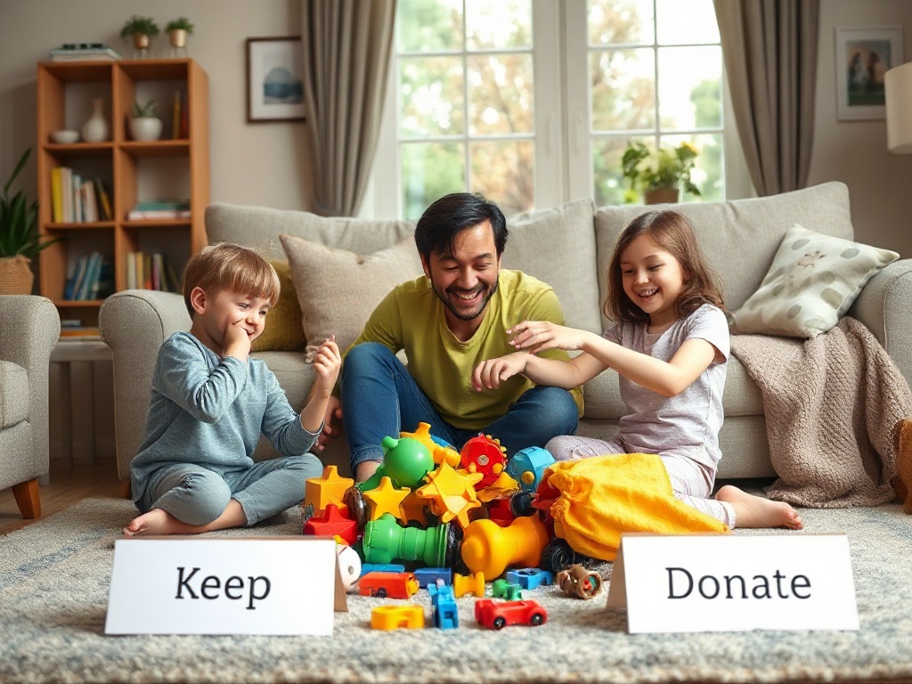 A cozy living room where three children and a parent play a “treasure hunt” cleanup, sorting toys into “keep” and “donate” piles, smiling, playful.
