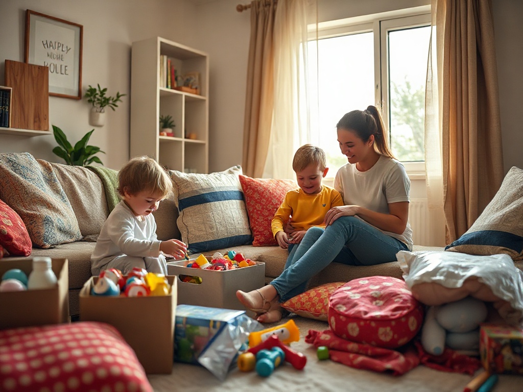 A cozy living room scene, children and parent searching bins together for “treasure” items, joyful teamwork, playful sorting piles, warm natural light, calm atmosphere" "You MUST not include ANY brand images or logos. You may ONLY reply with the forma