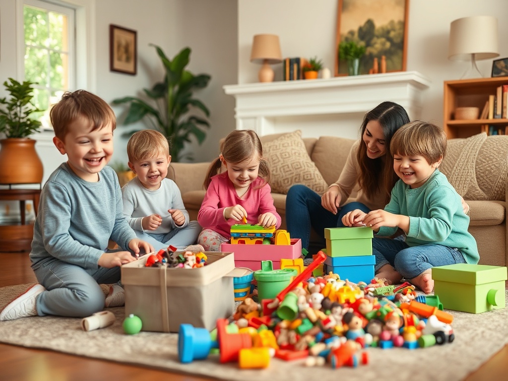 A cozy living room where three children and a parent play a “treasure hunt” cleanup, sorting toys into “keep” and “donate” piles, smiling, playful.