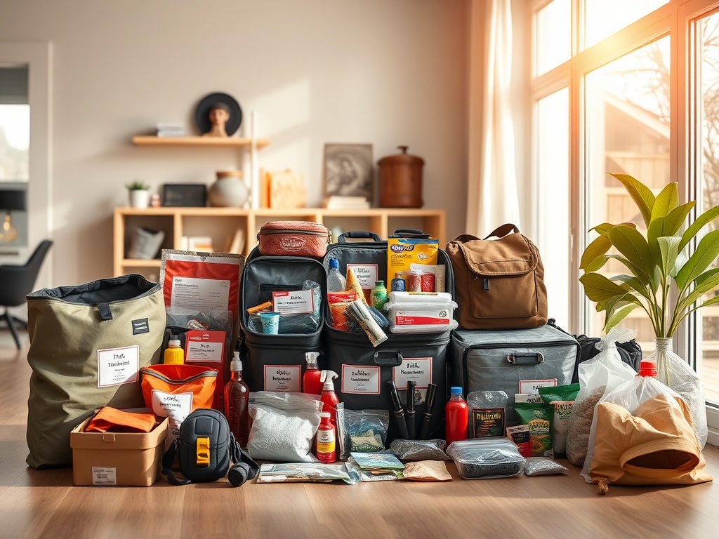 A practical, tidy family-sized emergency kit setup in a sunlit modern home interior, featuring labeled compartments, compact gear, and essential survival items.