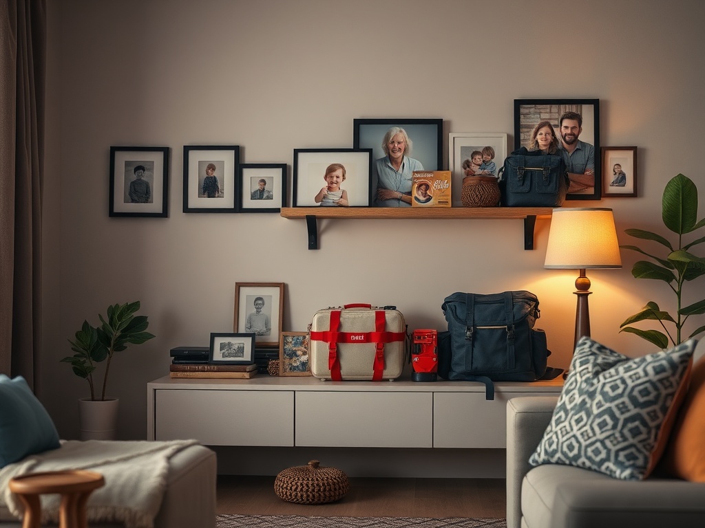 A practical, clean living-room scene showing a sturdy, compact emergency kit on a shelf, family photos, subtle survival gear subtly integrated, warm lighting.