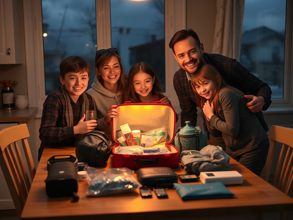 "A calm, confident family huddled around a neatly arranged emergency kit on a sturdy kitchen table, glowing essentials, compact gear, warm lighting, subtle stormy window backdrop."