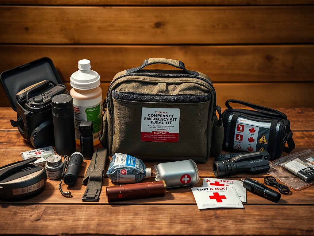 "A rugged, compact emergency kit on a wooden table, surrounded by essential survival gear, compact water filter, compact flashlight, and First Aid materials; warm ambient lighting, muted earth tones, cautious preparation vibe."