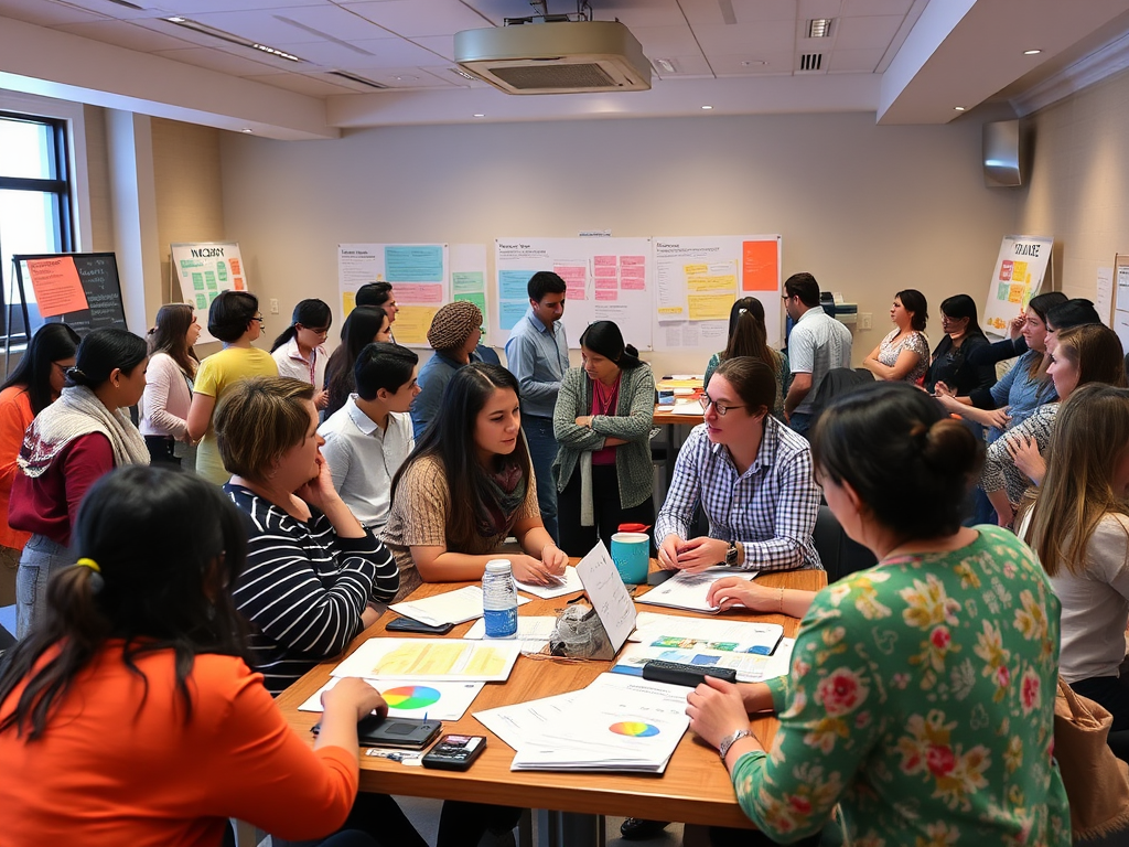 Een levendige workshop met diverse deelnemers en interactieve activiteiten.