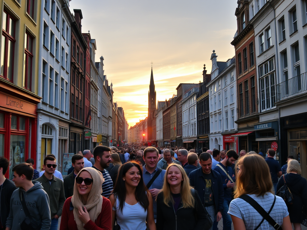 Drukke straat in Antwerpen met kleurrijke gebouwen en zonsondergang.