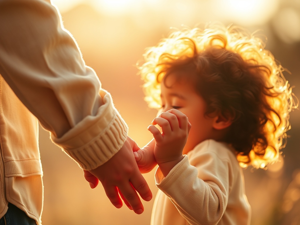 "A tender, intimate scene of a parent and child intertwining hands, warm light, soft colors, amidst playful, yet intense, burst of emotions—signaling connection and understanding."