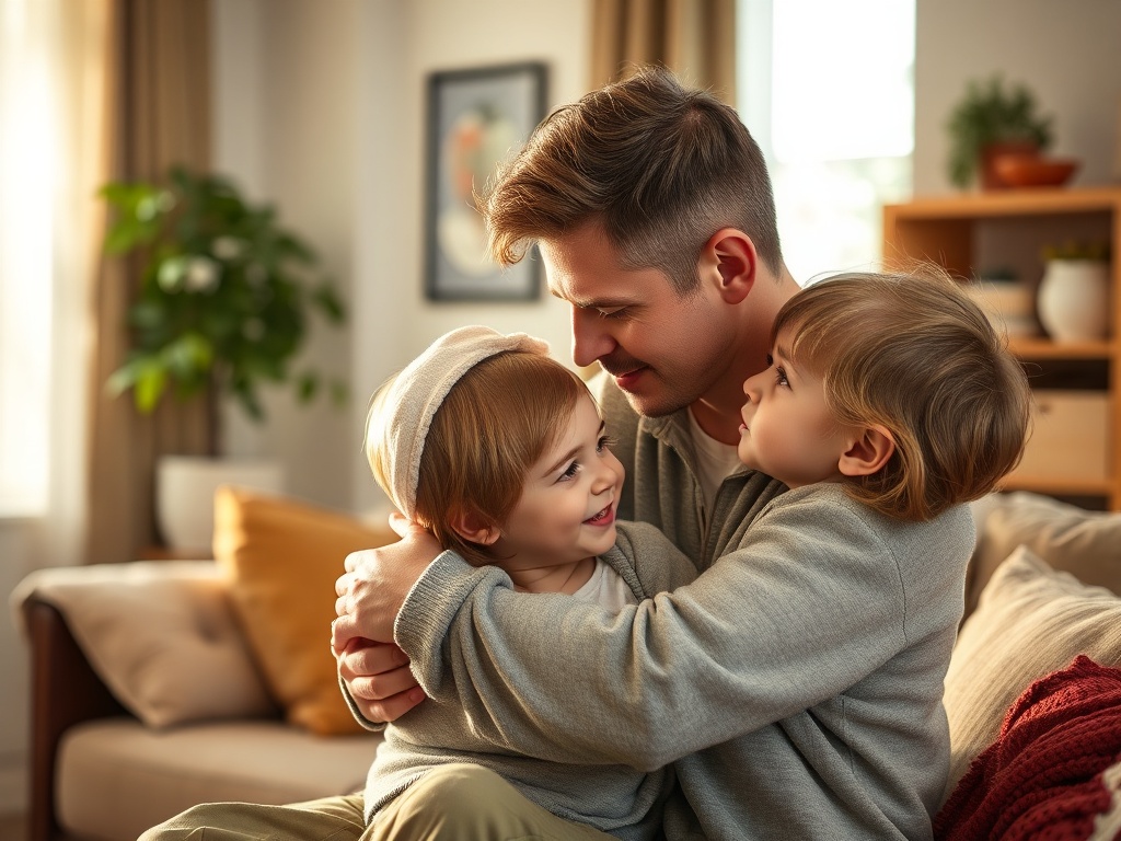"A serene parent-child moment where a child’s bursting anger softens into connection; warm light, cozy living room, tender embrace, quiet eye contact."