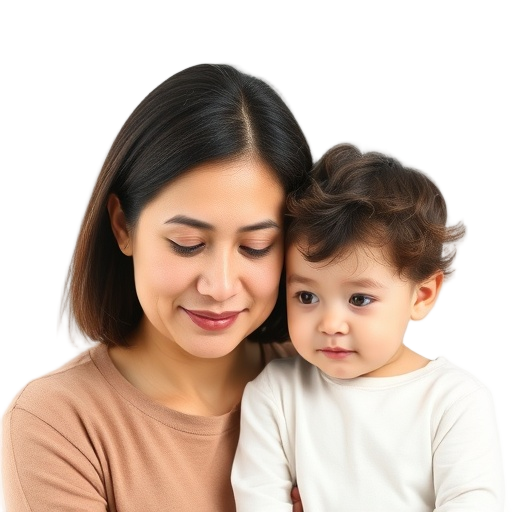 A parent calmly listening to a child with a soft, warm expression against a white background looking like