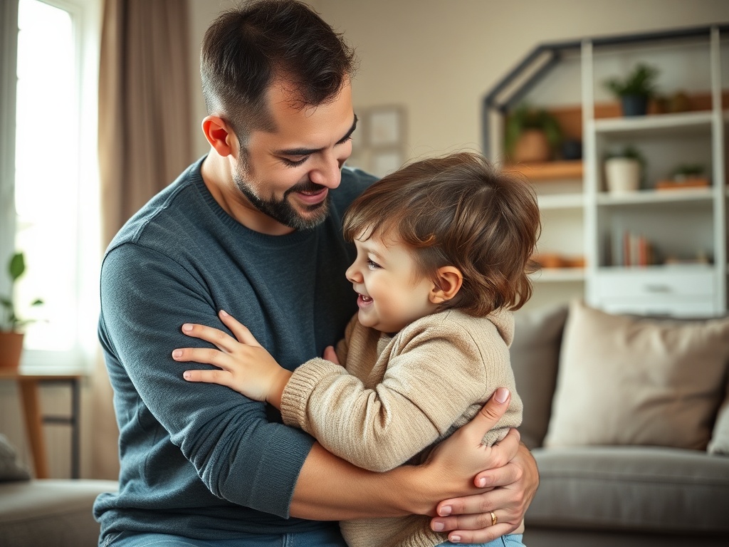 "A serene parent-child moment where a child’s bursting anger softens into connection; warm light, cozy living room, tender embrace, quiet eye contact."