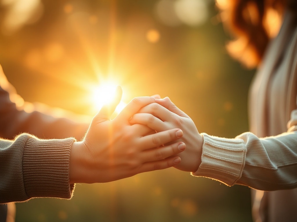 "A tender, intimate scene of a parent and child intertwining hands, warm light, soft colors, amidst playful, yet intense, burst of emotions—signaling connection and understanding."