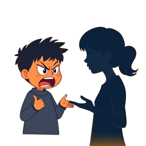 "angry child" face emitting bright gears/heart sparks as a signal, parent silhouette listening calmly with open hands, warm colors, soft shadows, gentle outline"