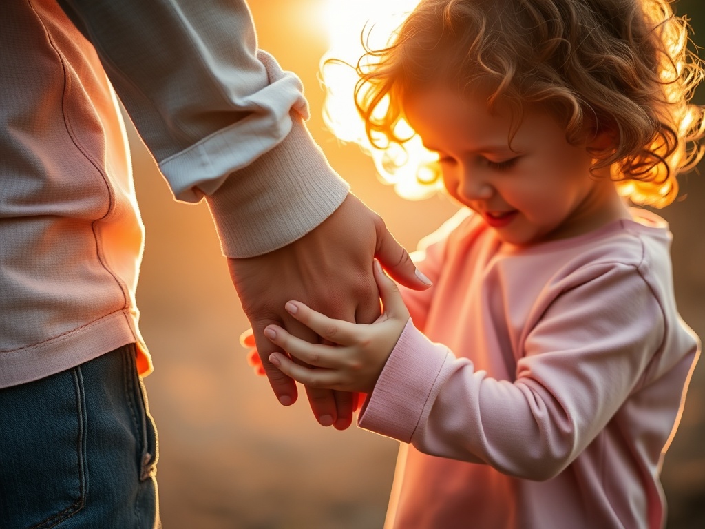 "A tender, intimate scene of a parent and child intertwining hands, warm light, soft colors, amidst playful, yet intense, burst of emotions—signaling connection and understanding."