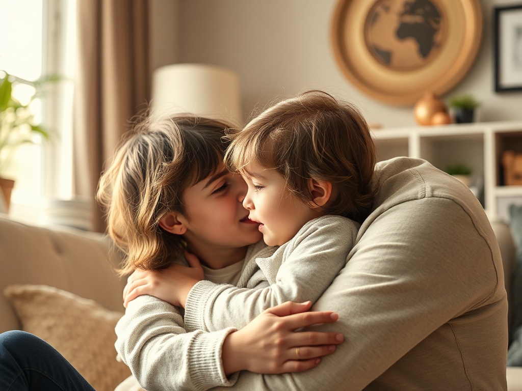 "A serene parent-child moment where a child’s bursting anger softens into connection; warm light, cozy living room, tender embrace, quiet eye contact."