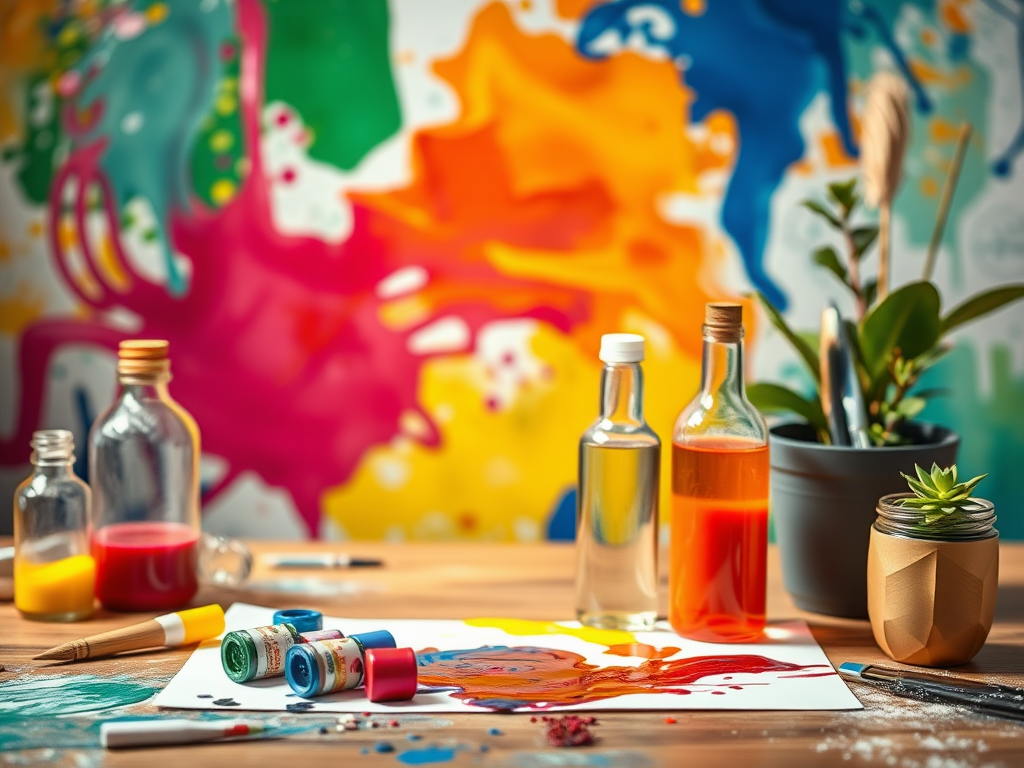 Een levendige tafel met kleurrijke acrylverf en plantenpot.