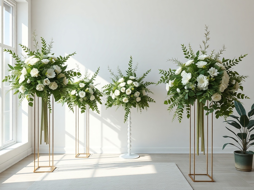 "A serene funeral scene with lush, lifelike silk arrangements in muted greens and whites, elegant stands, soft natural light, subtle textures, eco-friendly ambiance."