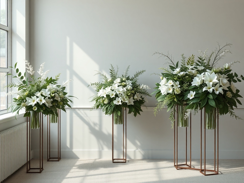 "A serene funeral scene with lush, lifelike silk arrangements in muted greens and whites, elegant stands, soft natural light, subtle textures, eco-friendly ambiance."
