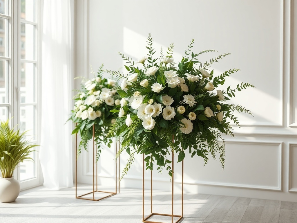 "A serene funeral scene with lush, lifelike silk arrangements in muted greens and whites, elegant stands, soft natural light, subtle textures, eco-friendly ambiance."