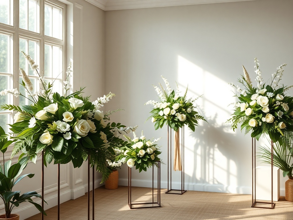 "A serene funeral scene with lush, lifelike silk arrangements in muted greens and whites, elegant stands, soft natural light, subtle textures, eco-friendly ambiance."