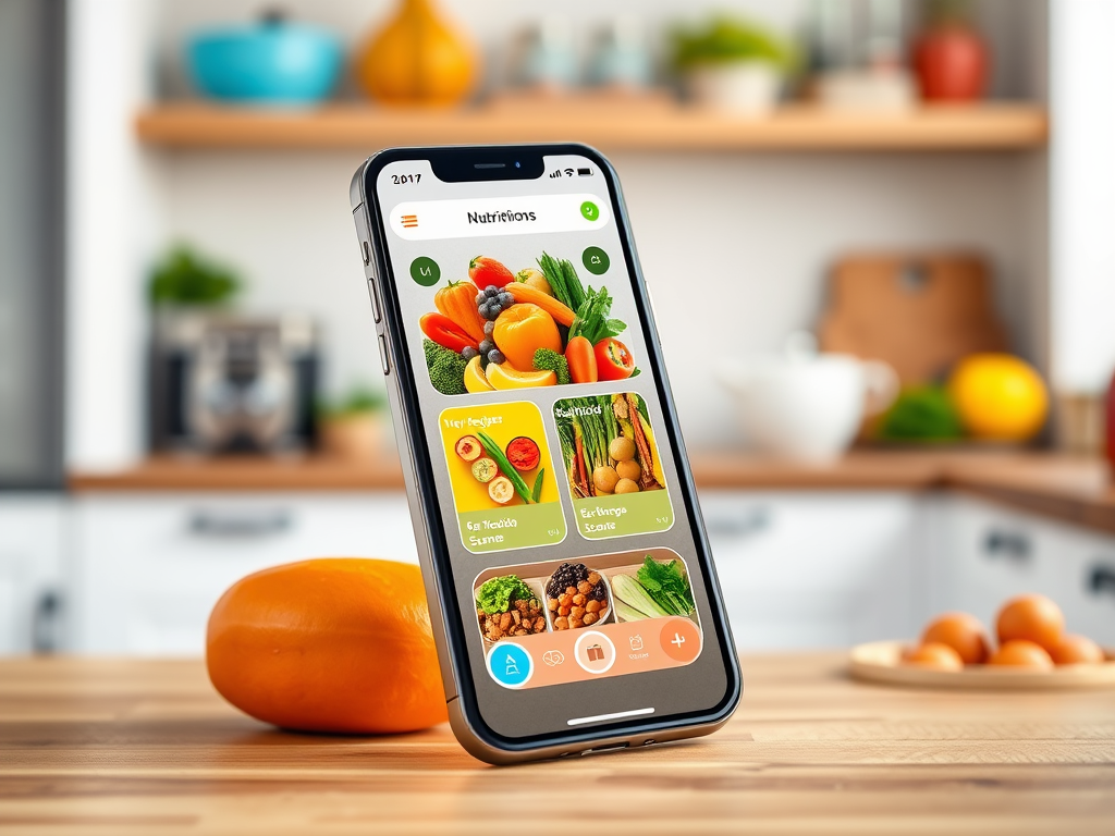 Een smartphone met een kleurrijke voedingsapp in de keuken.