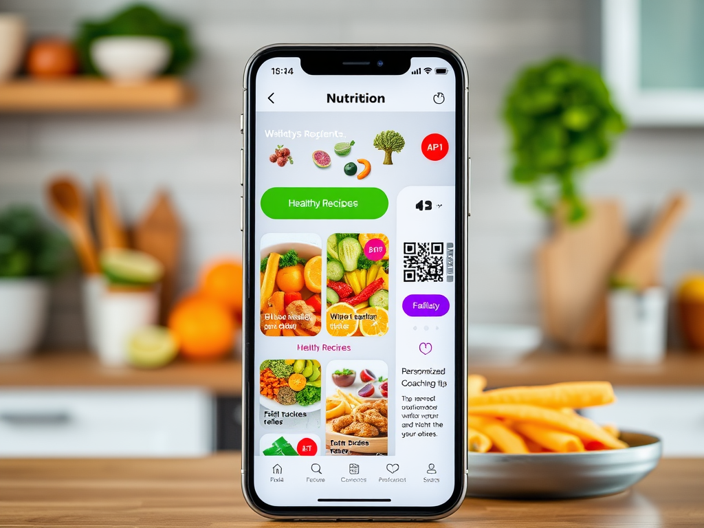 Een smartphone met een kleurrijke voedingsapp in een keuken.