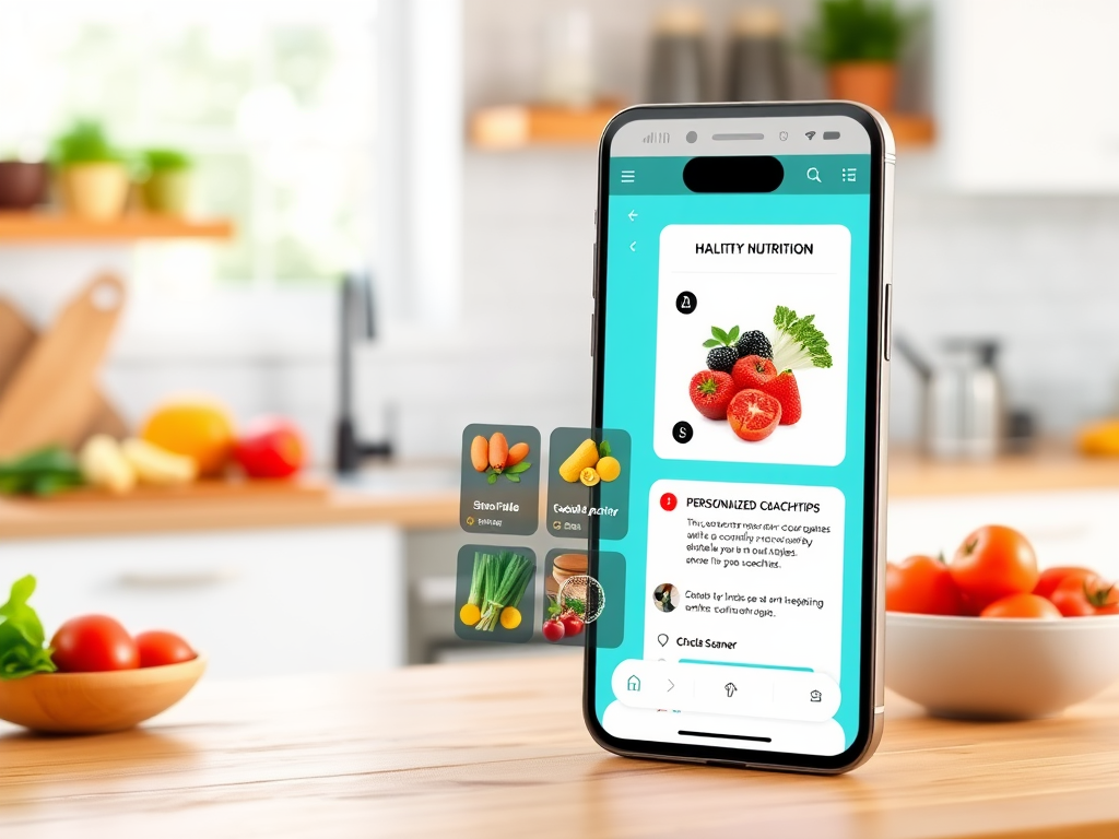 Slimme telefoon met een kleurrijke voedingsapp in keuken.