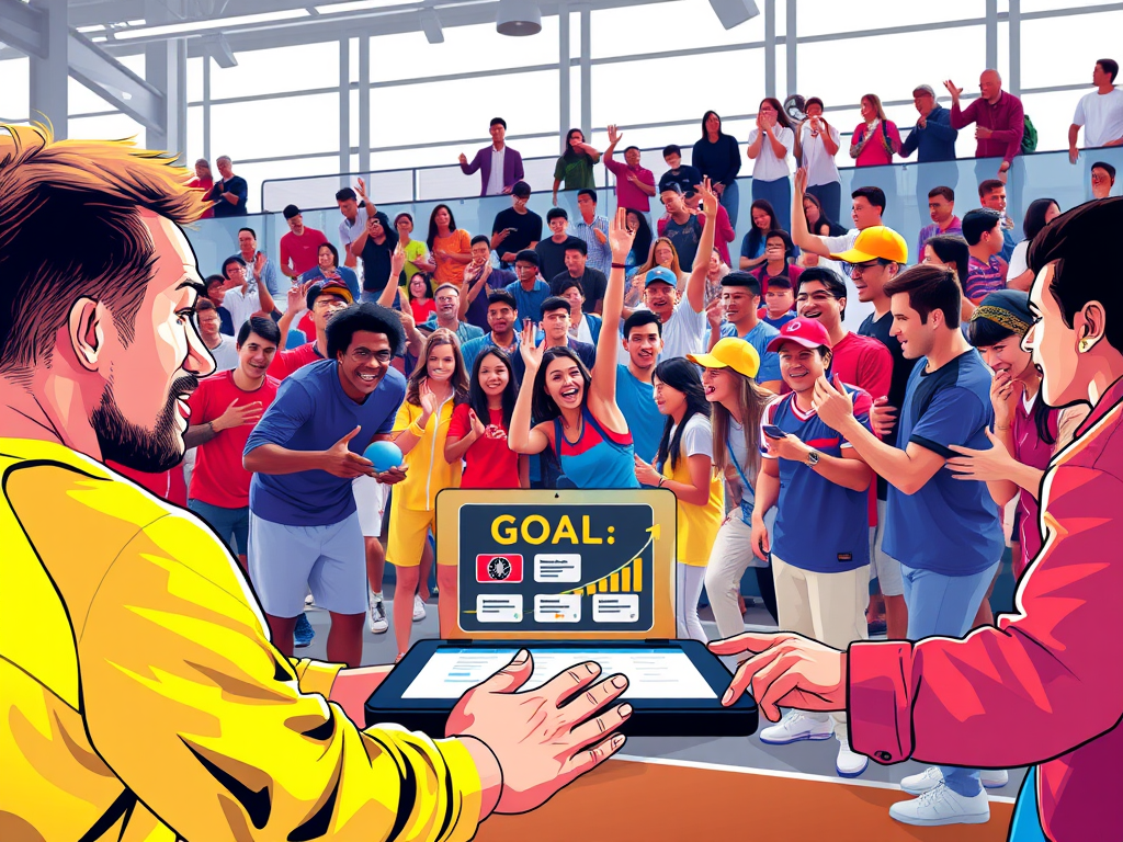 A vibrant sports community scene, "athletes training intensely," "fans cheering passionately," "digital platform showcasing goals," "hands exchanging support and donations," bright energetic colors.