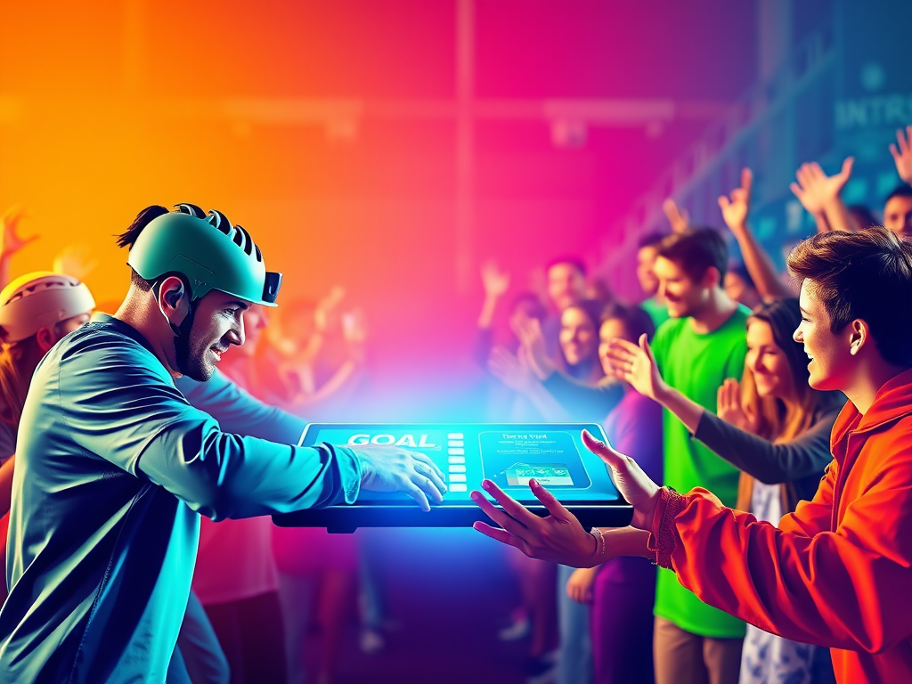 A vibrant sports community scene, "athletes training intensely," "fans cheering passionately," "digital platform showcasing goals," "hands exchanging support and donations," bright energetic colors.