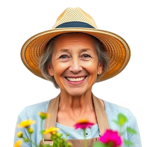 Een glimlachende vrouw met een strohoed en bloemen.