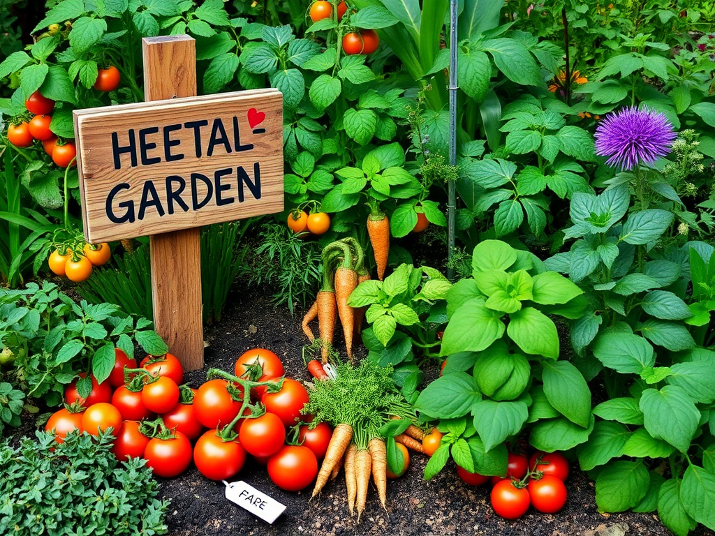 Een levendige moestuin met tomaten, wortels en kruiden.