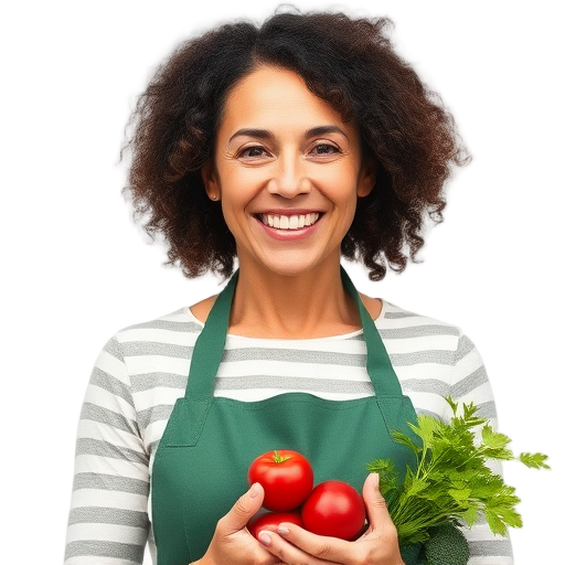 Een lachende vrouw met tomaten en kruiden.