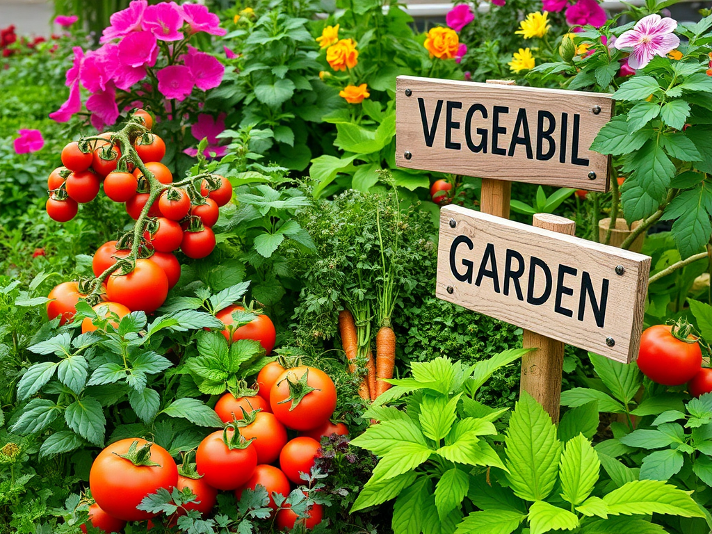 Een kleurrijke groentetuin met tomaten en kruiden.