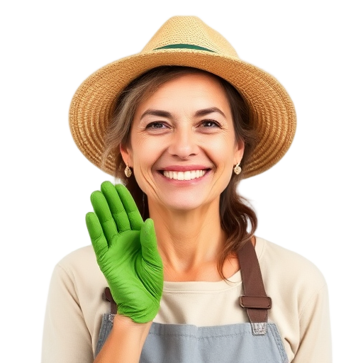 Een glimlachende vrouw met een hoed en groene handschoen.