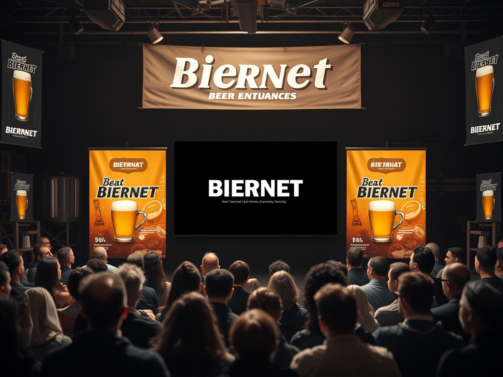 "A focused beer enthusiast audience scene; a crisp Biernet-themed ad space among banners, a dynamic video frame, and subtle affiliate icons, all on a clean, darkened brewery background."