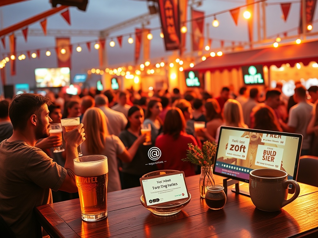 "A vibrant beer-loving crowd at a festival, banners and video screens around, a sleek coffee-table layout showing targeting icons, dynamic ads, and affiliate links glowing softly"
