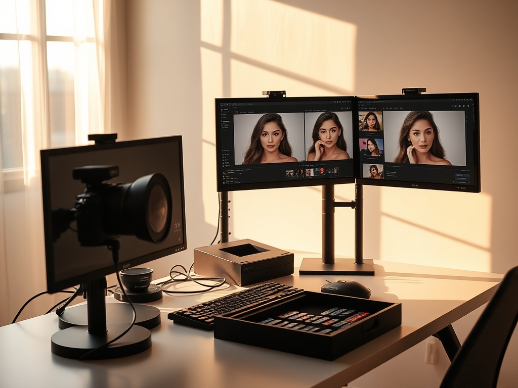 "A photographer's desk bathed in golden hour light, multiple monitors showing consistent edits, soft skin tones, subtle grain, organized presets tray, calm studio backdrop."