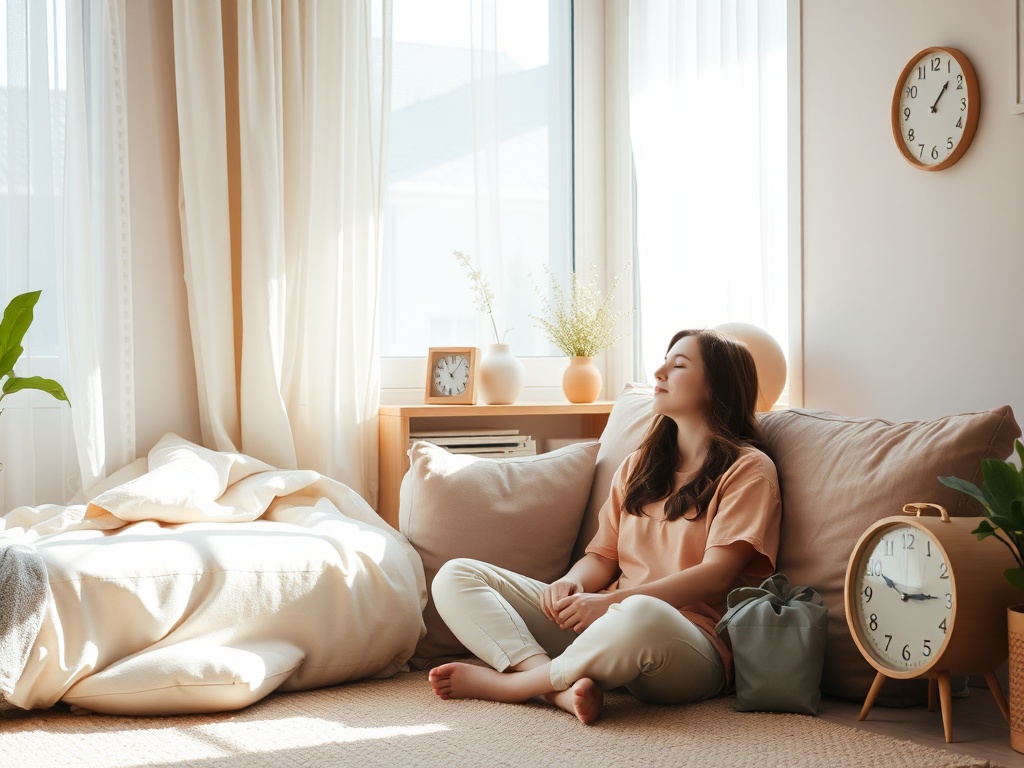 "A calm, sunlit living room corner with soft fabrics, gentle colors, and minimal clutter; a woman with autism sits peacefully, surrounded by small, tactile objects and a clock showing calm time."