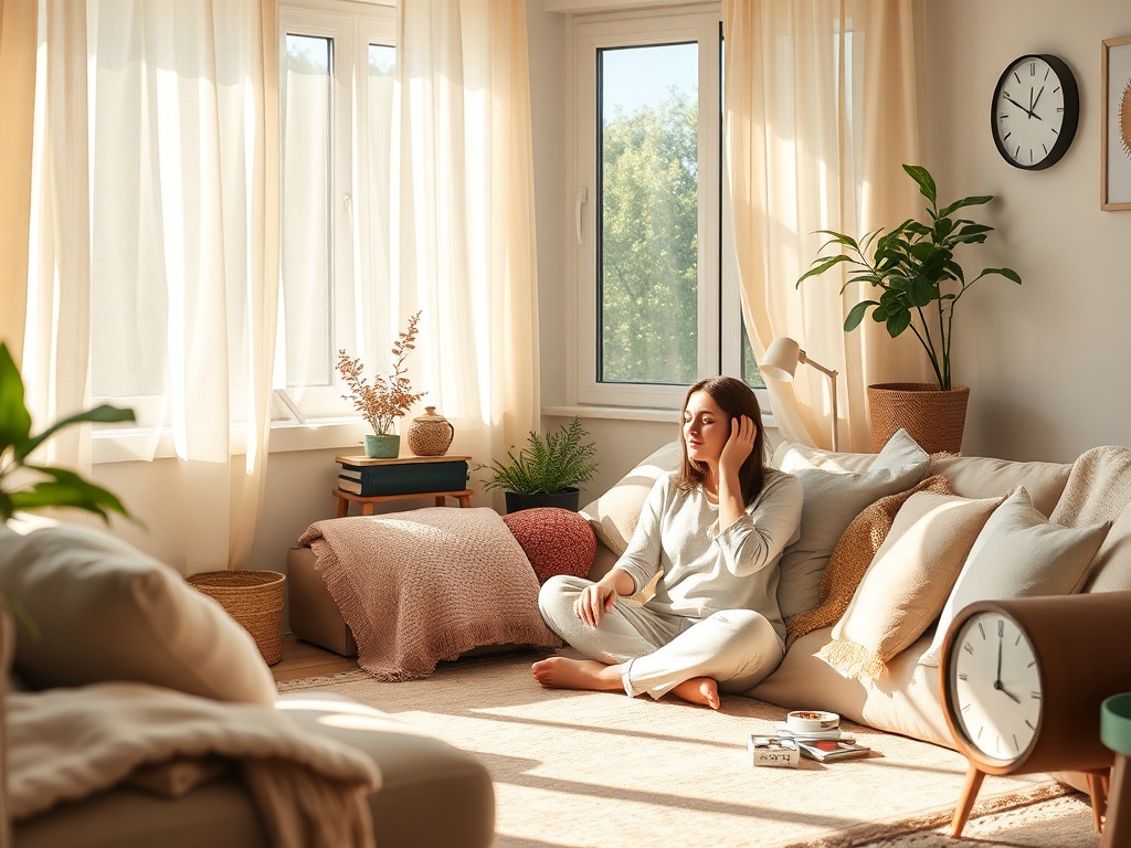 "A calm, sunlit living room corner with soft fabrics, gentle colors, and minimal clutter; a woman with autism sits peacefully, surrounded by small, tactile objects and a clock showing calm time."