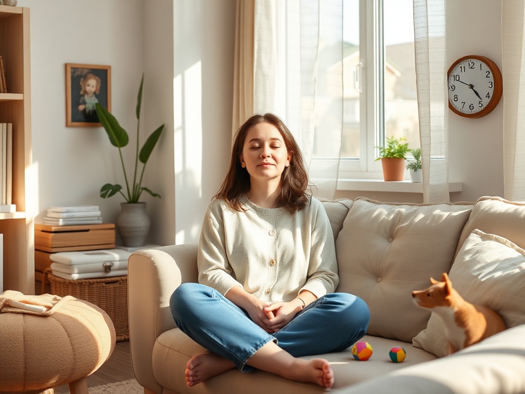 "A calm, sunlit living room corner with soft fabrics, gentle colors, and minimal clutter; a woman with autism sits peacefully, surrounded by small, tactile objects and a clock showing calm time."
