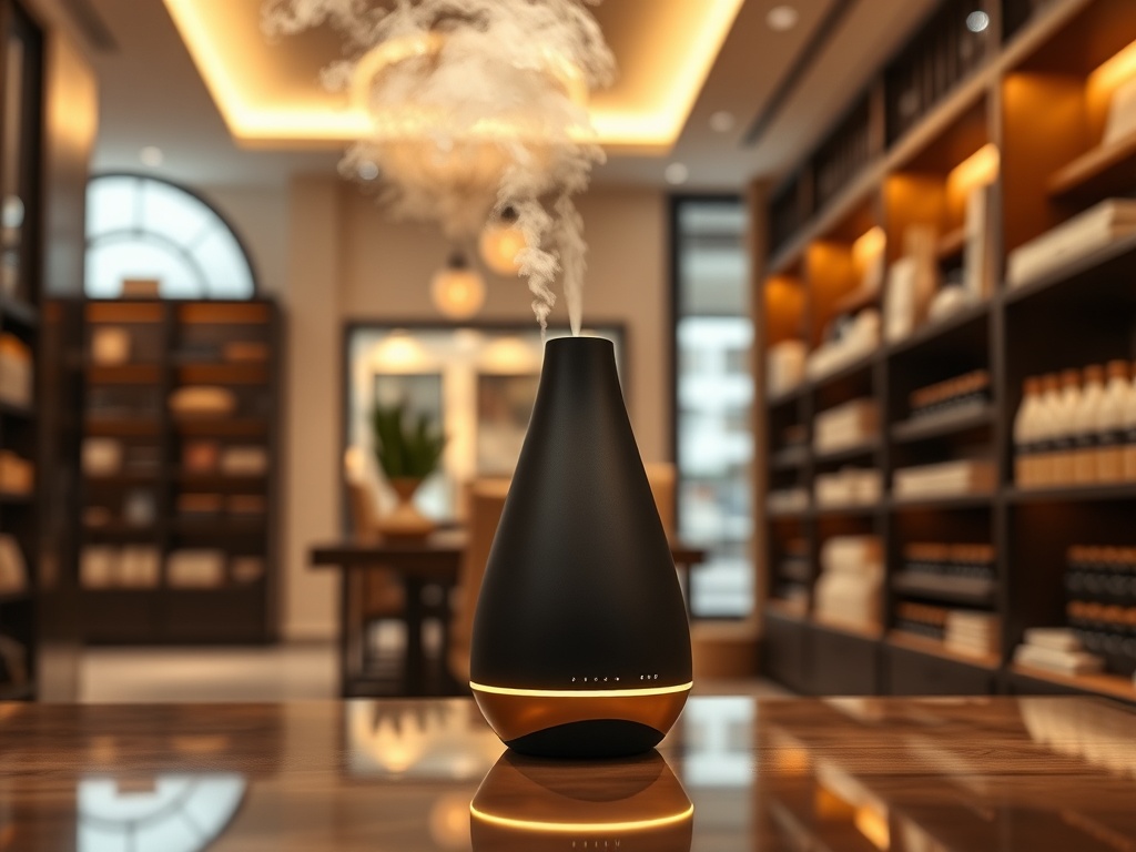 "A sleek, portable AERO 300 diffuser in a luxurious shop setting, subtle cloud of aroma, warm ambient lighting, modern design, quiet operation."